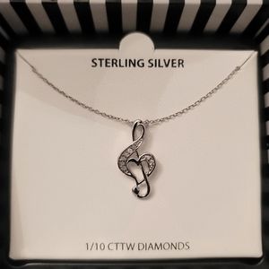 Treble Clef Heart Sterling Silver Diamond Chip Necklace